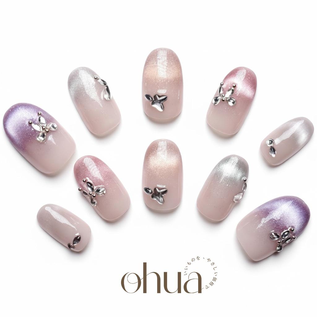 【蝶々ネイル】2cmネイルチップ 韓国 ワンホン グラデーション ピンク パープル バタフライ 妖精 キラキラ【ohua】