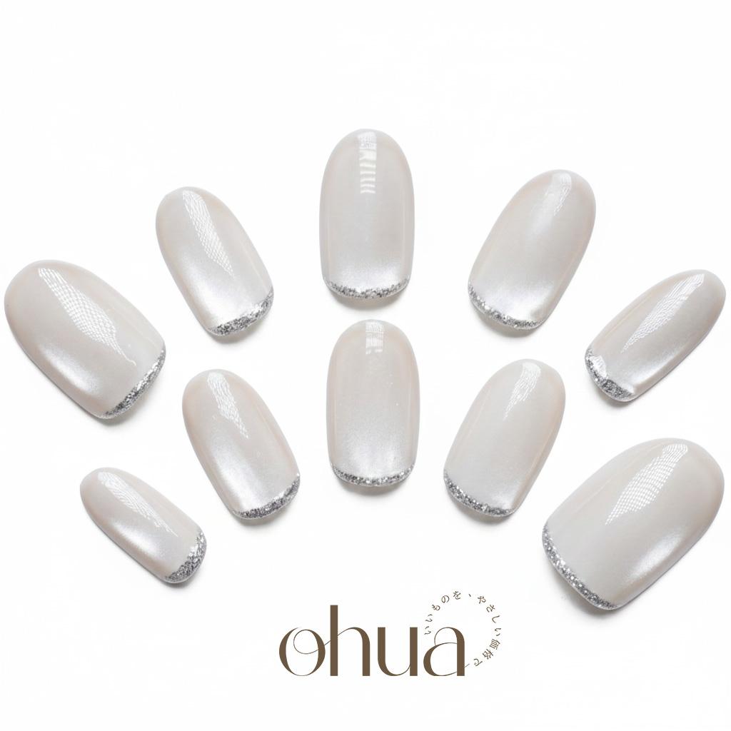 【白絹フレンチ】2cmネイルチップ ホワイト パール マグネット スキニーフレンチ シルバー ラメ 上品 オフィス 清楚【ohua】