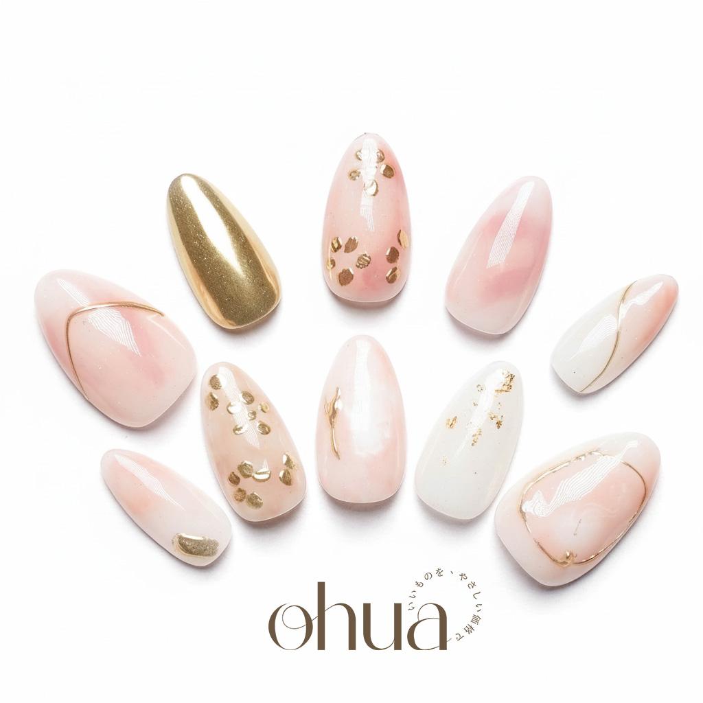 【白桃の流金】ネイルチップ ピンク ニュアンス ニュアンス ミラーゴールド 金箔 大理石風 上品 清楚 春ネイル【ohua】