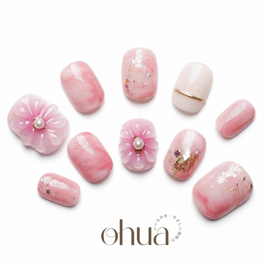 「桜の雫」1.5cm ネイルチップ ピンク 3D フラワー お花 ぷっくり ニュアンス 大理石風 上品 春ネイル