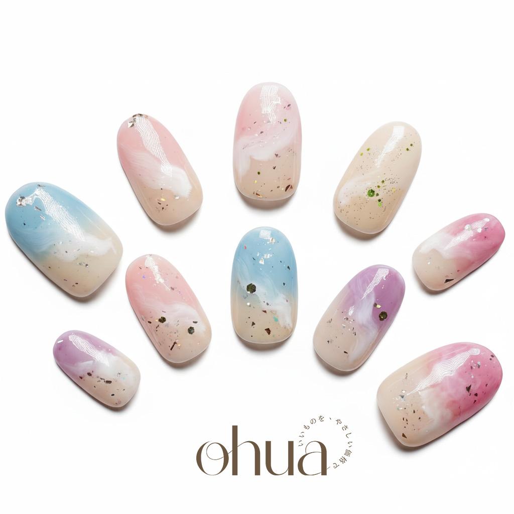 【わたあめ雲】2cmネイルチップ パステル マーブル ニュアンス 淡色 金箔 春ネイル 夏ネイル 可愛い【ohua】