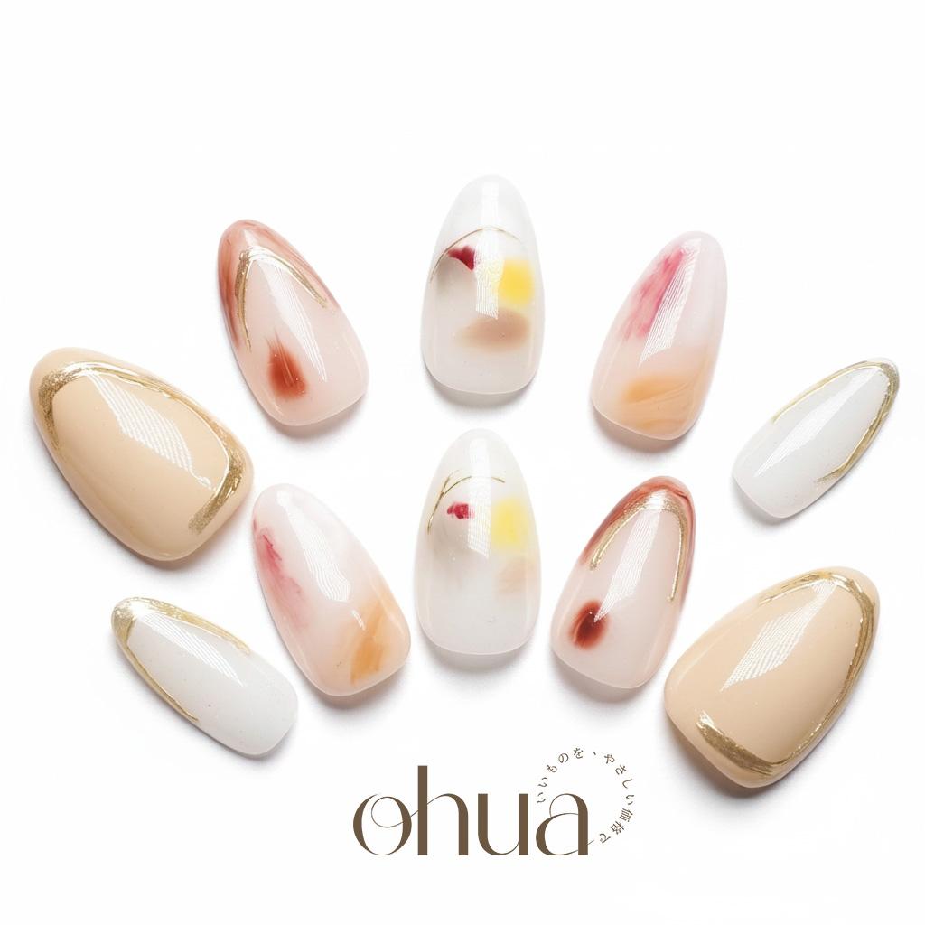 【睡蓮の夢】ネイルチップ ニュアンス 水彩画風 ミラーゴールド 凸凹 金糸 ベージュ 上品 芸術 モード系【ohua】