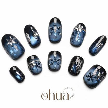 【氷の女王】ネイルチップ 深海ブルー マグネット 雪の結晶 スノーフレーク 冬ネイル クリスマス クール【ohua】