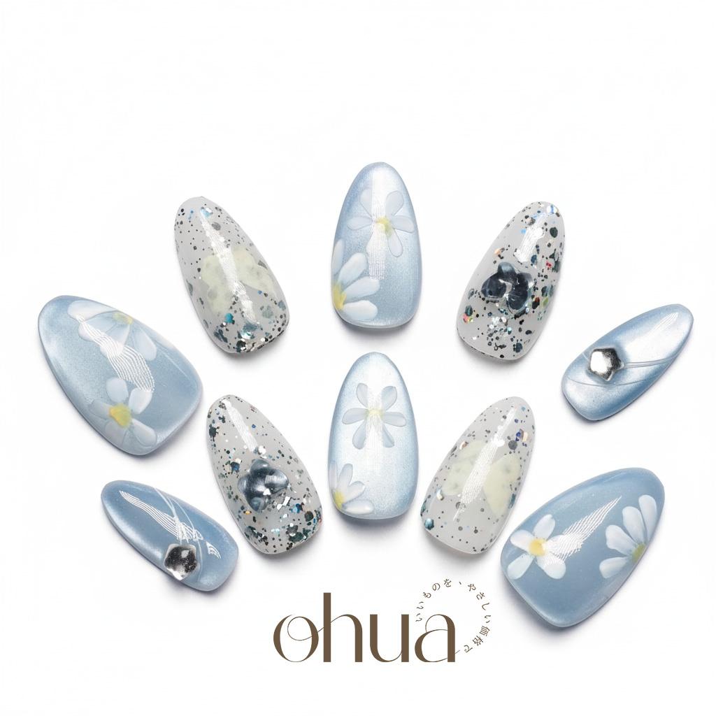 【氷原の華】ネイルチップ アイスブルー ニュアンス 3D シルバー フラワー キルティング 夏 涼しげ【ohua】