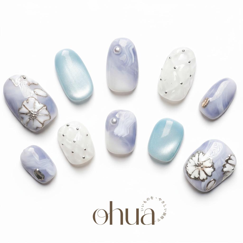 【アイスランド・ブルー】ネイルチップ 氷ネイル 水色 ニュアンス シルバー フラワー キルティング 夏 涼しげ【ohua】