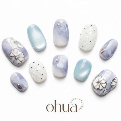 【アイスランド・ブルー】ネイルチップ 氷ネイル 水色 ニュアンス シルバー フラワー キルティング 夏 涼しげ【ohua】