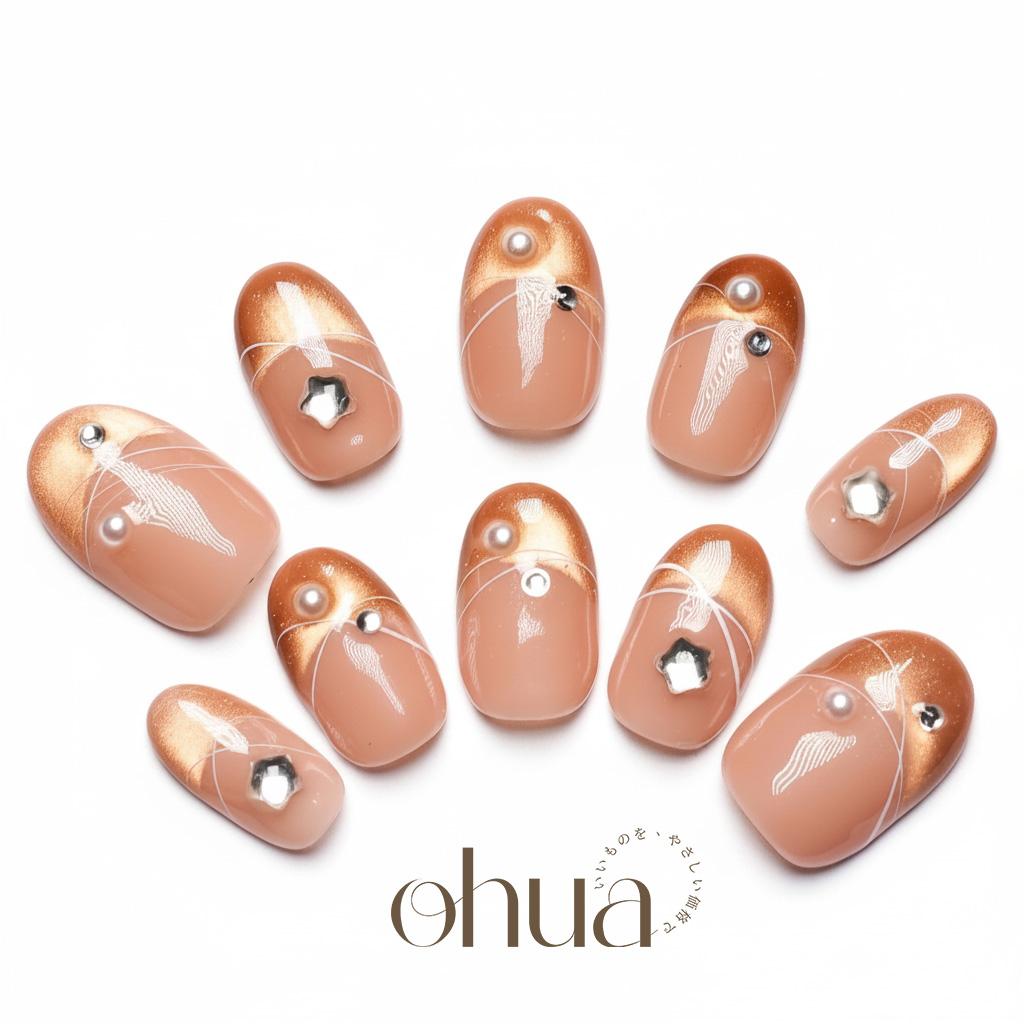 【秋のワルツ】ネイルチップ キャメル フレンチ 3D リボン 芭蕾風 パール ビジュー ニュアンス 華やか【ohua】