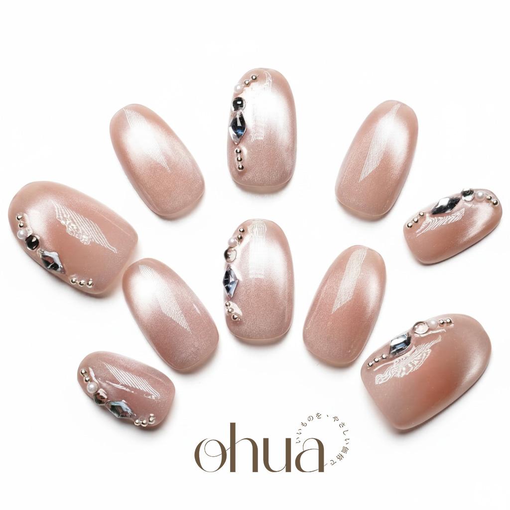 【令嬢の宝石】ネイルチップ シャンパンピンク マグネット ブラックダイヤ パール 華やか 上品 オフィス【ohua】