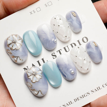 【アイスランド・ブルー】ネイルチップ 氷ネイル 水色 ニュアンス シルバー フラワー キルティング 夏 涼しげ【ohua】