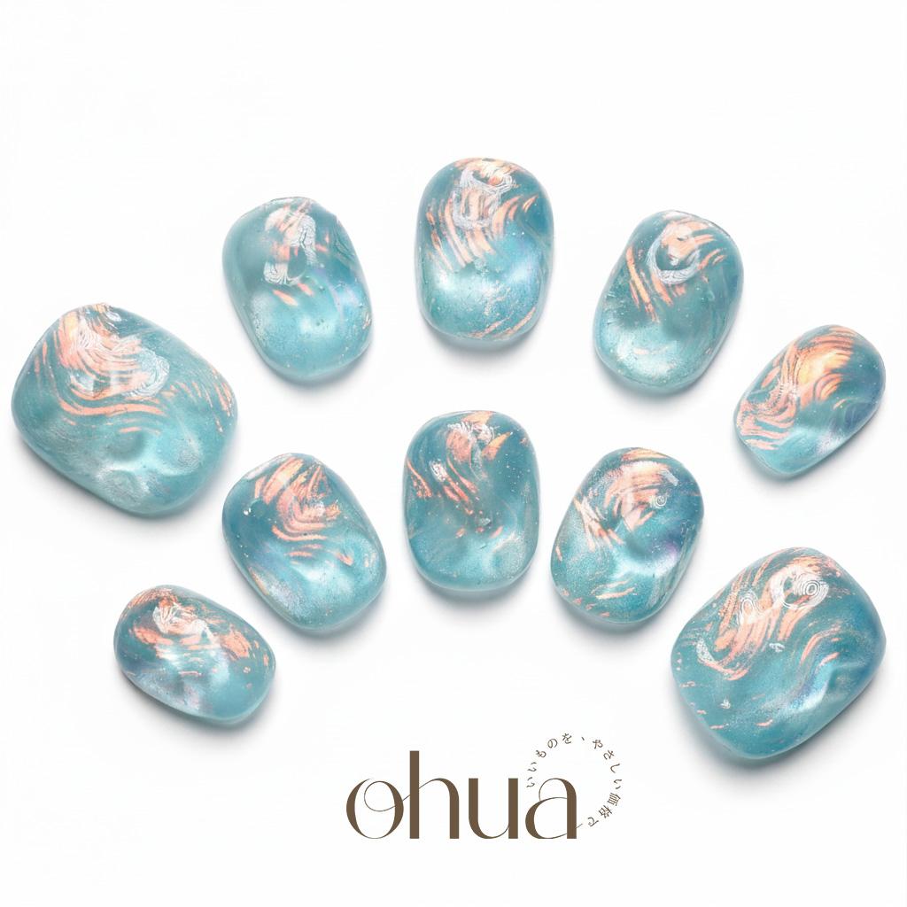 【オーロラの雫】ネイルチップ 水色 ニュアンス ぷっくり 水面アート 偏光パール 夏ネイル 涼しげ【ohua】