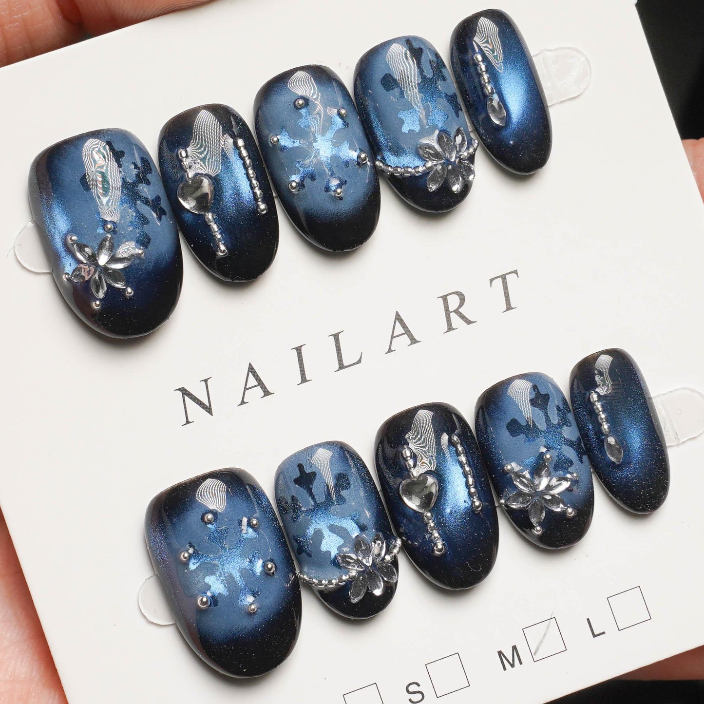 【氷の女王】ネイルチップ 深海ブルー マグネット 雪の結晶 スノーフレーク 冬ネイル クリスマス クール【ohua】