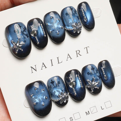 【氷の女王】ネイルチップ 深海ブルー マグネット 雪の結晶 スノーフレーク 冬ネイル クリスマス クール【ohua】